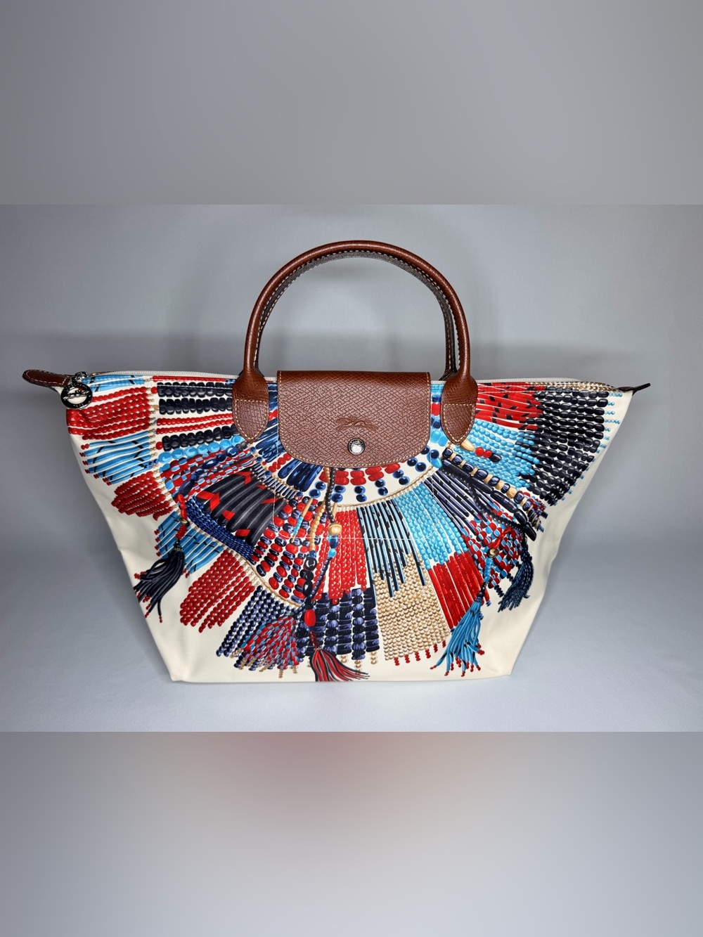 Longchamp Cream Tote with Red, Blue, Navy and Brown Accents
